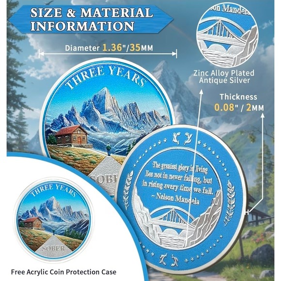 3 Year Sobriety Coin AA Medallion Mountain Cabin Nelson Mandela Quote - Picture 2 of 2